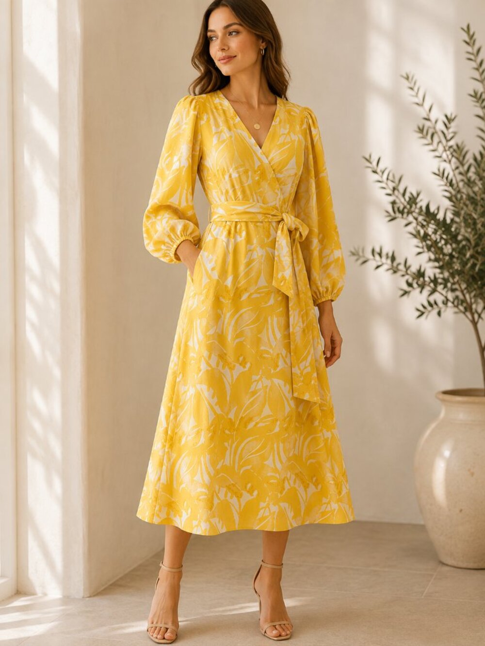 Ann Mashburn Analia Maxi Wrap Dress Yellow White Textured Jacquard XS